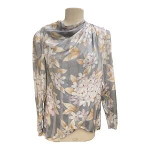 Vintage Hal Ferman Styled by Donald Curtis Blouse Gray Floral Keyhole Back Sz 14